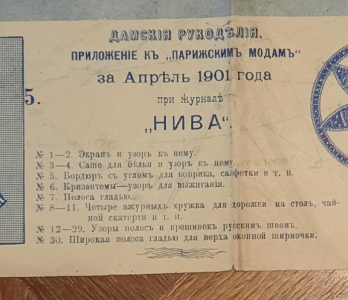 Дамские рукоделия. Приложение к журналу «Нива». Выкройки к «Парижским модам» за апрель 1901 г.
