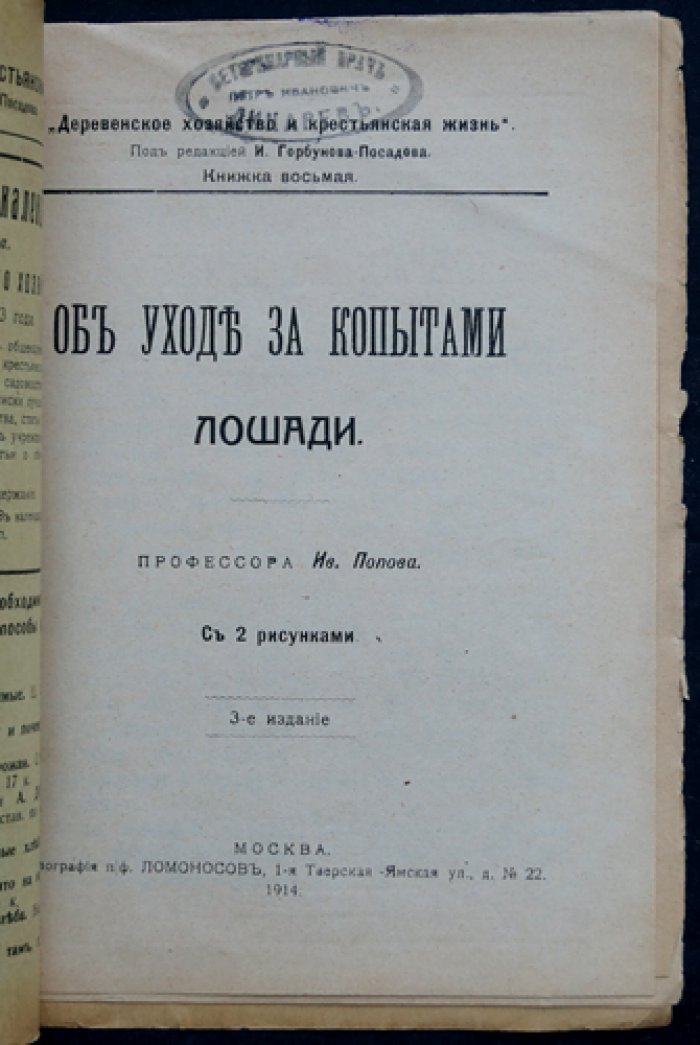 Попов И.П. Проф. Об уходе за копытами лошади.