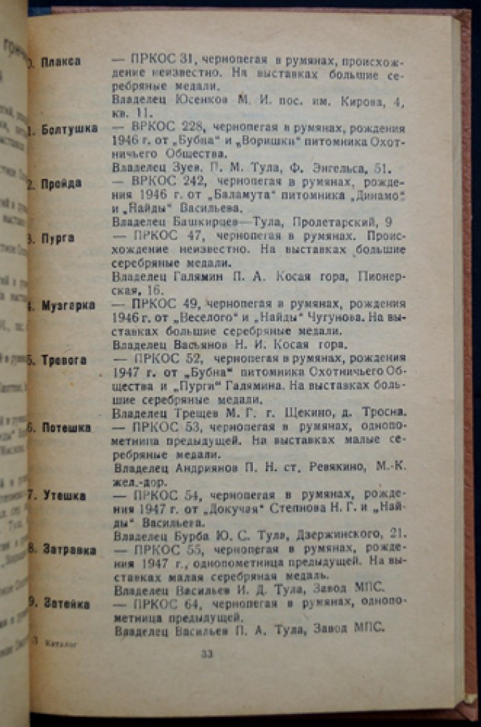 Тульская выставка охоты и собаководства. Каталог 6-й Тульской областной выставки охотничьих собак 4-5 июня 1950 г. и отчеты о 5-й областной выставке охотничьих собак, полевых испытаниях гончих за 1948 год и легавых за 1949 год