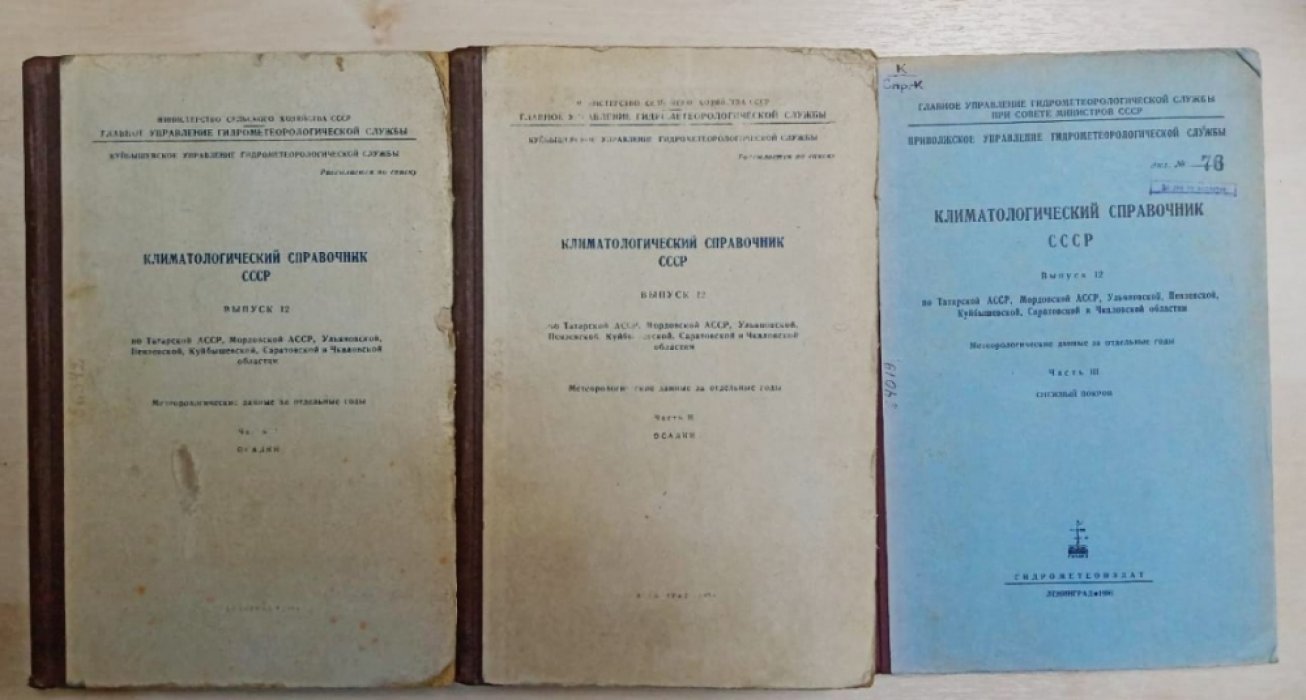 Климатологический справочник СССР. Выпуск 12 по Татарской АССР, Ульяновской, Пензенской, Куйбышевской, Саратовской и Оренбургской областям. Метеорологические данные за отдельные годы. Часть 1-осадки,2-осадки, 3-снежный покров.