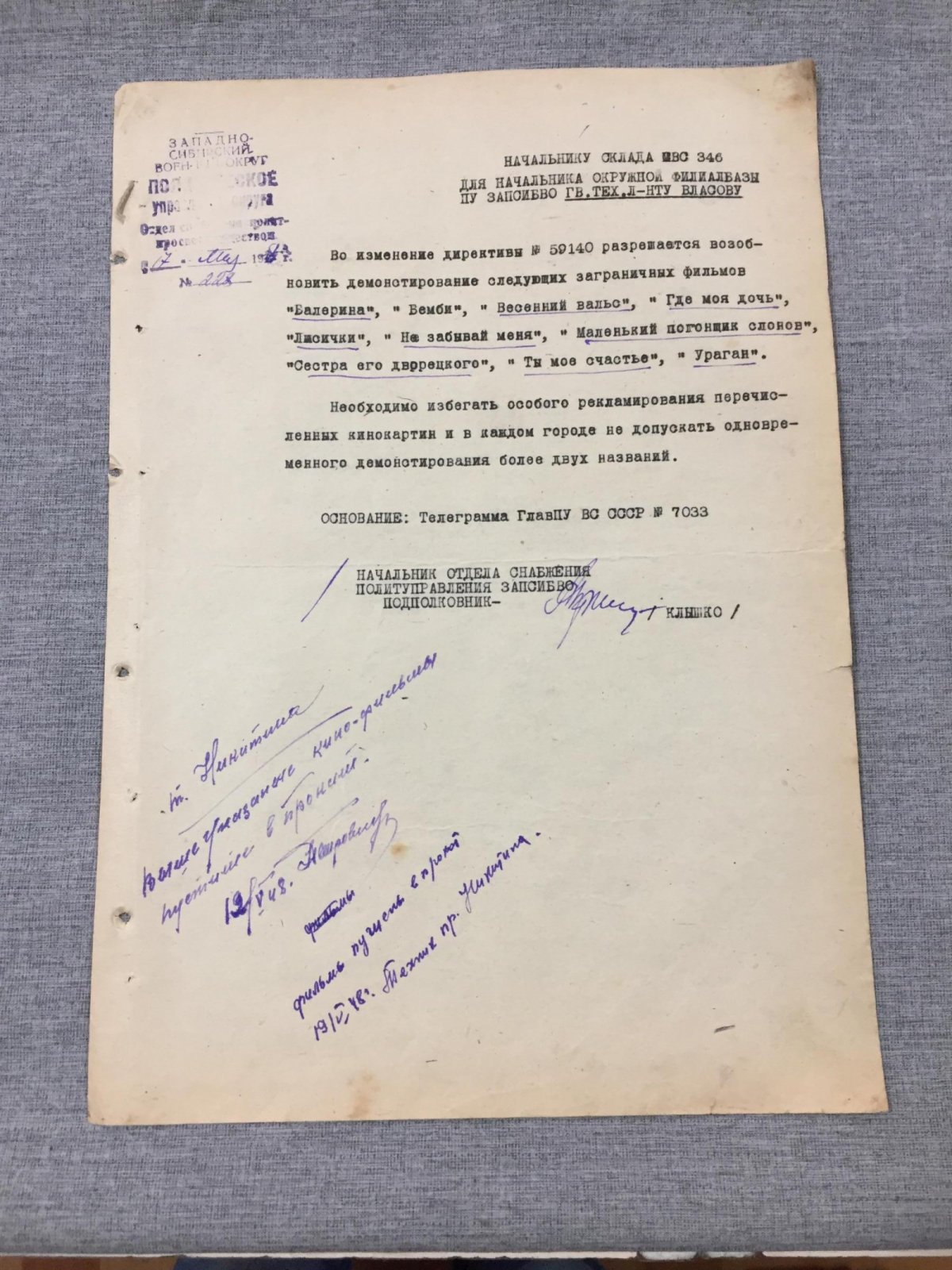Главное Политическое Управление Вооруженных Сил СССР. Приказ Отдела Контроля за кинорепертуаром 9 декабря 1947 г. ..Разрешается демонстрация только следующих заграничных кинокартин......нижеперечисленные заграничные кинокартины.. к демонстрированию запрещ