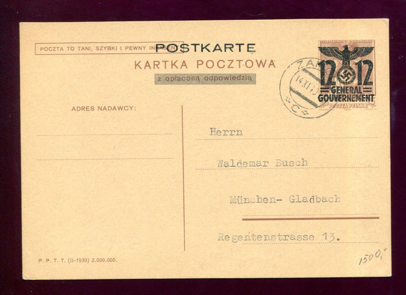 Маркированная почтовая карточка. Польша. Оккупация. 1940 г.