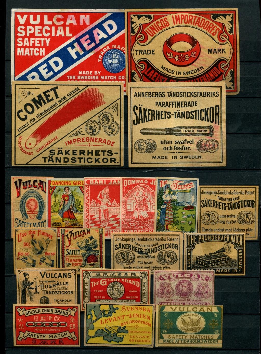 Этикетки спичечные. Набор рекламных спичечных этикеток 1900-1940 гг. Швеция.
