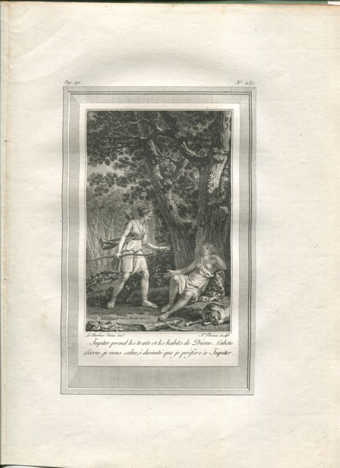 Барбье Ж.Ж. Barbier J.J. Юпитер в образе Дианы и нимфа Каллисто. Гравюра на меди.