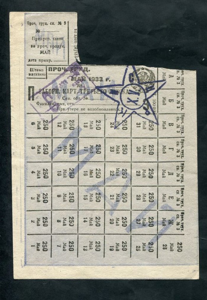 Заборная (продуктовая) рабочая карточка третьего списка. Май 1933 г.