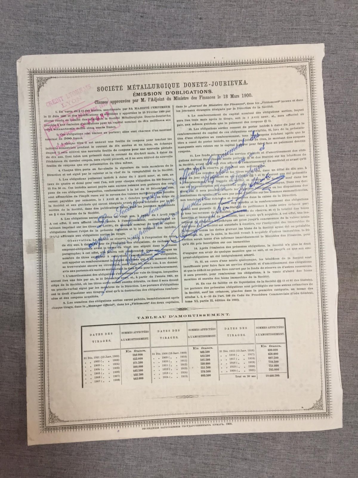 Облигация в 500 франков 1900 г. Металлургическое общество Донецк - Юрьевка