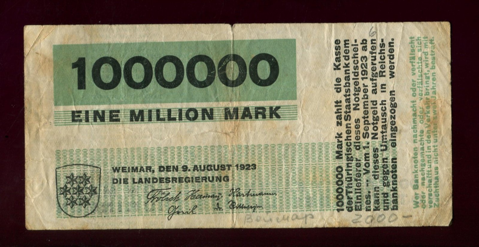 Бона. 1000000 (1 миллион) марок 1923 г. Веймар Германия Нотгельд