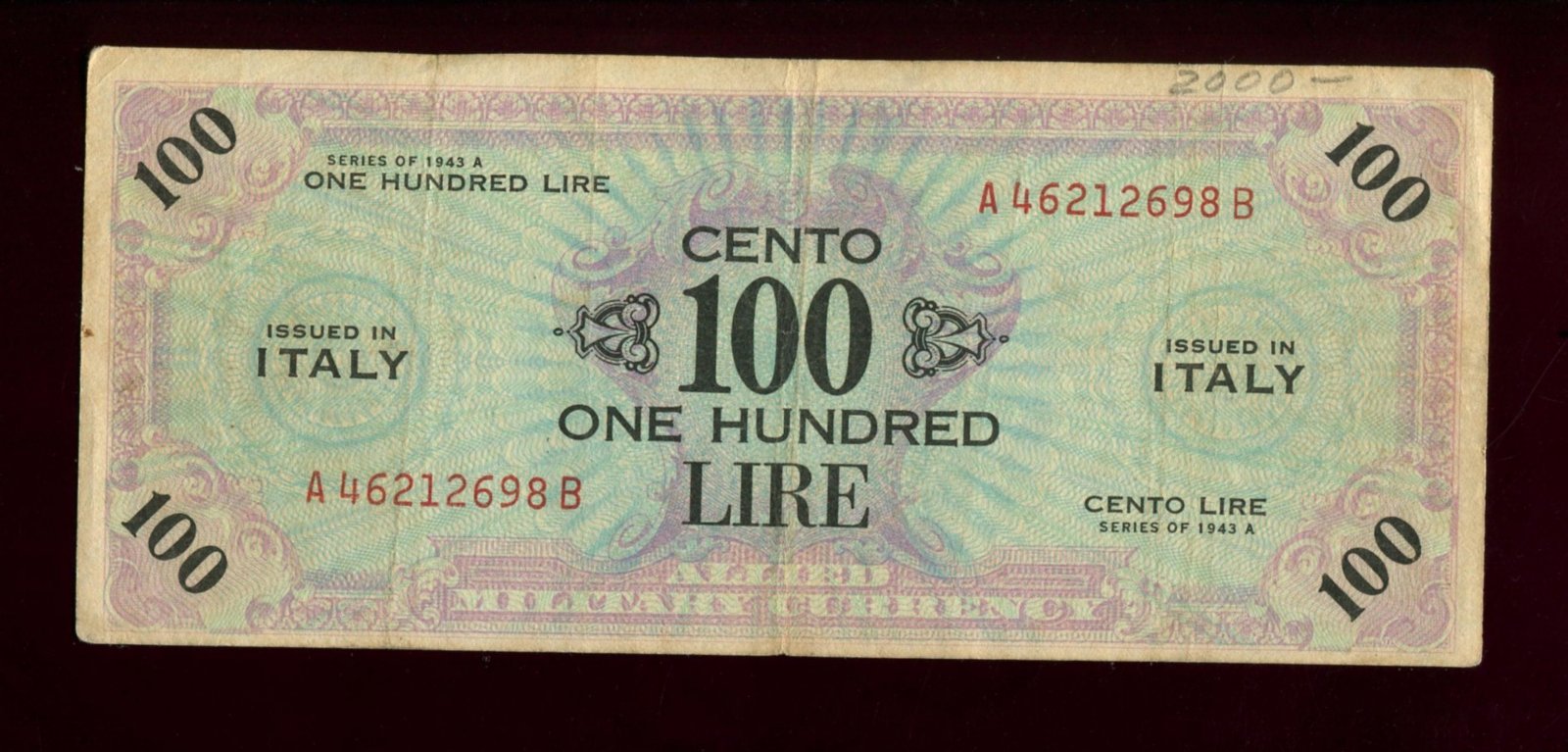 Бона. 100 лир 1943 г. Италия Вооруженные силы союзников