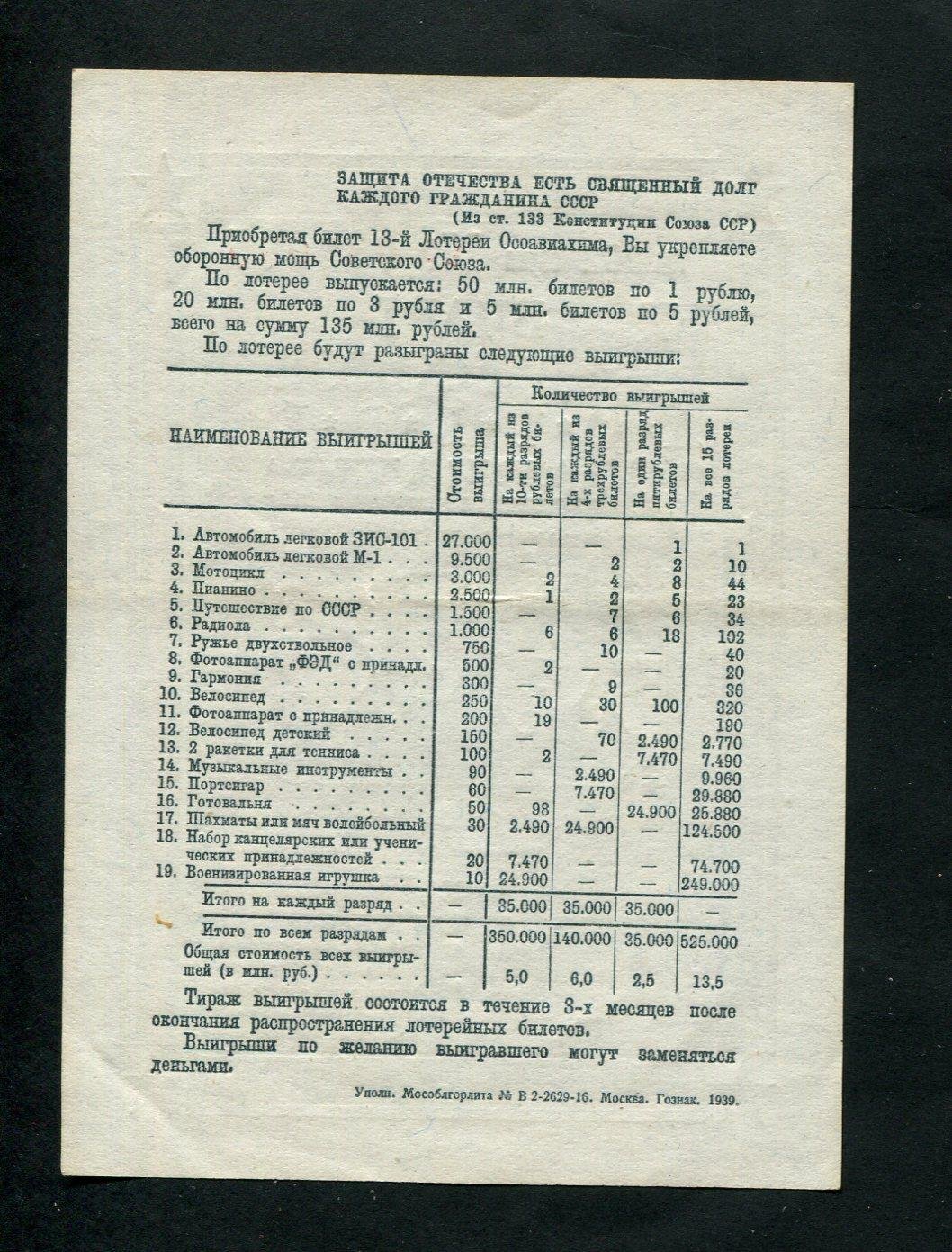 Бона. 13-я Всесоюзная лотерея ОСОАВИАХИМ 3 рубля 1939 г. СССР