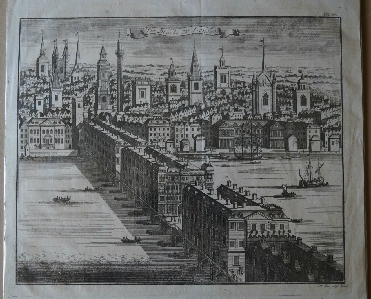 Резцовая гравюра на меди «Лондон. Вид с моста и реки на город» (Die Brücke zu London)