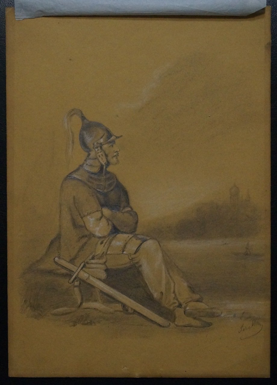 Русский художник XIX века. Рыцарь у реки (рисунок в карандаше, бежевое тонирование)