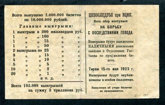 Лотерейный билет. 10 рублей 1923 г.