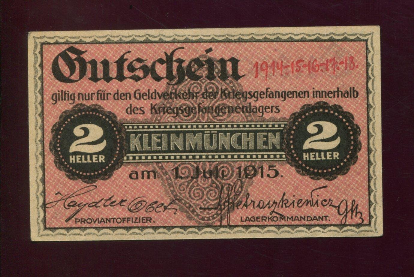 Бона. 2 геллера 1915 г. Деньги для лагеря военнопленных Кляйнмюнхен (Kleinmunchen)