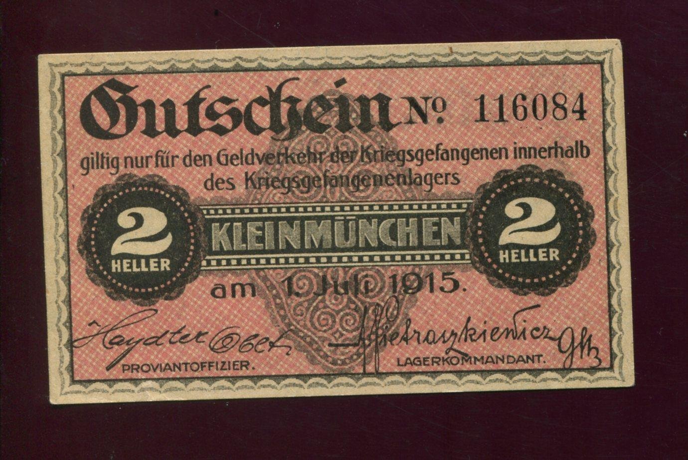 Бона. 2 геллера 1915 г. Деньги для лагеря военнопленных Кляйнмюнхен (Kleinmunchen)