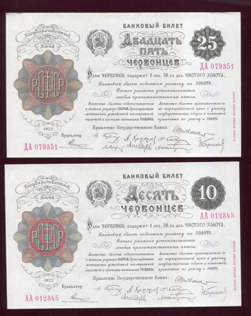Банковские билеты РСФСР образца 1922-1928 г. Копии (выпуск 1994 г.)