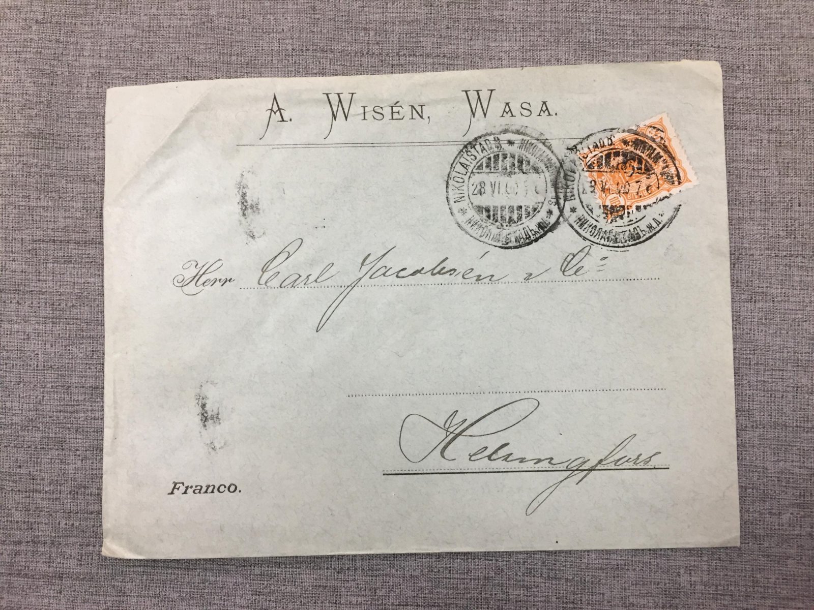 Конверт фирменный. Финляндия. A. Wisen, Wasa.
