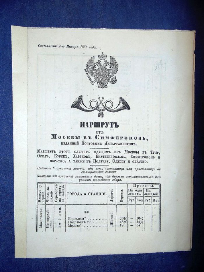 Маршрут от Москвы в Симферополь, изданный Почтовым Департаментом
