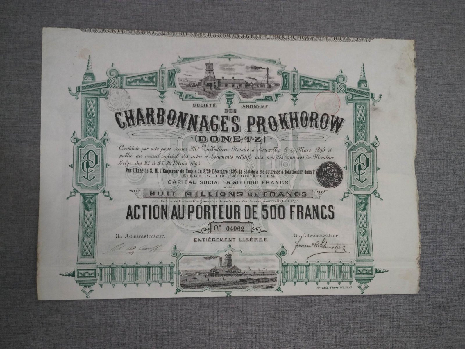 Акция на 500 франков 1895 г. Общество Прохоровские угольные шахты Донецк