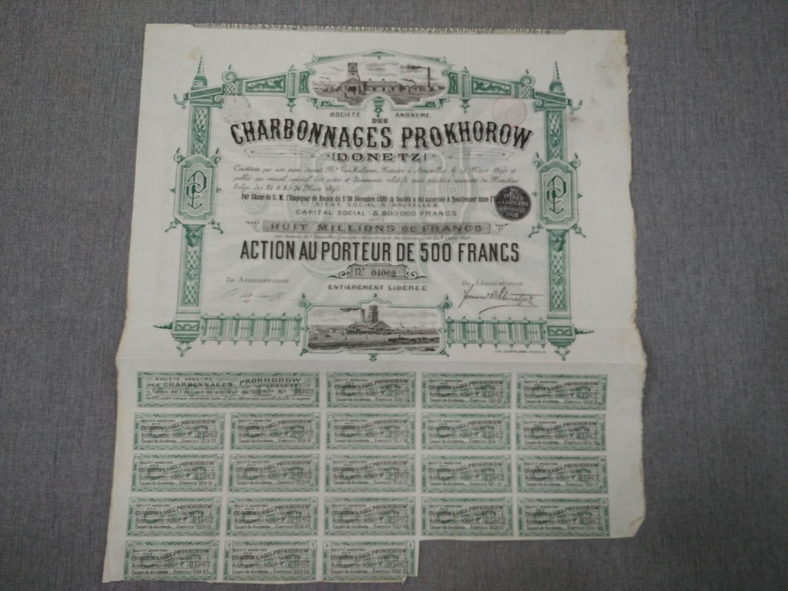 Акция на 500 франков 1895 г. Общество Прохоровские угольные шахты Донецк