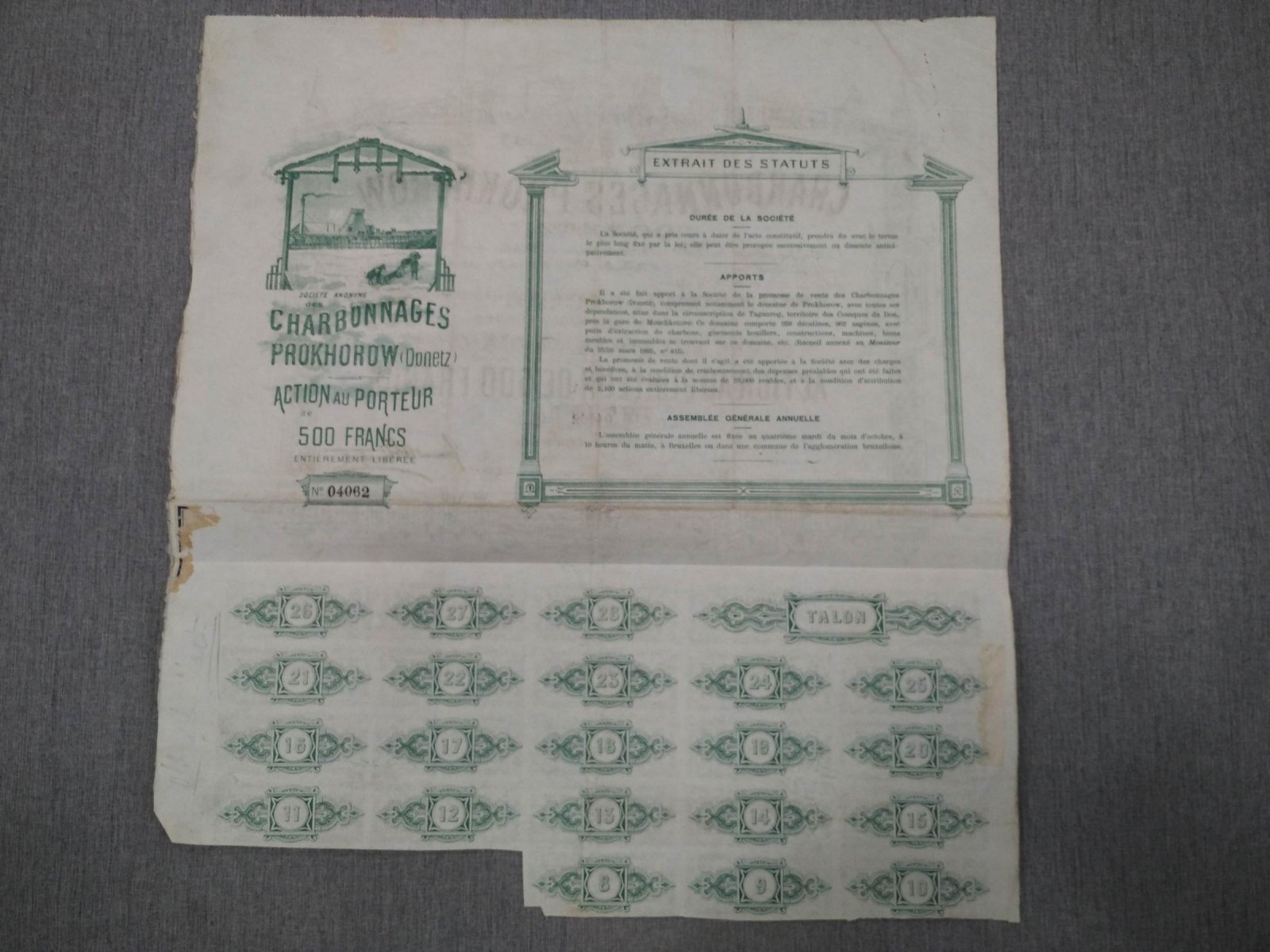 Акция на 500 франков 1895 г. Общество Прохоровские угольные шахты Донецк