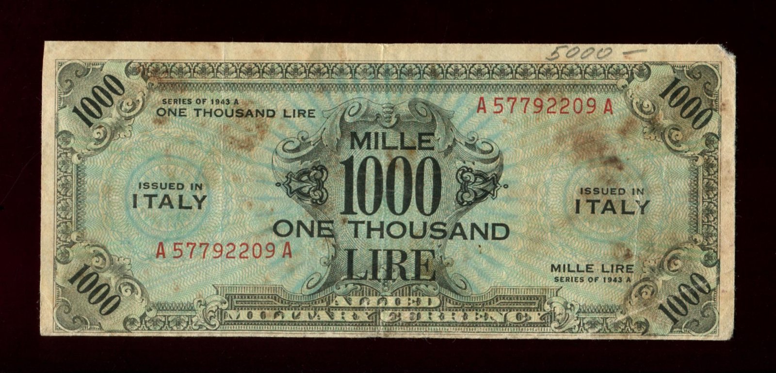 Бона. 1000 лир 1943 г. Италия Вооруженные силы союзников