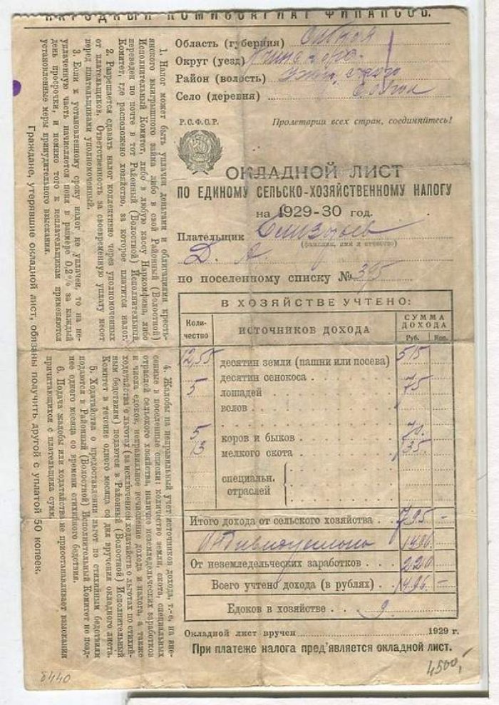 Бона. Окладной лист по единому сельско-хозяйственному налогу на 1929 - 1930 год.