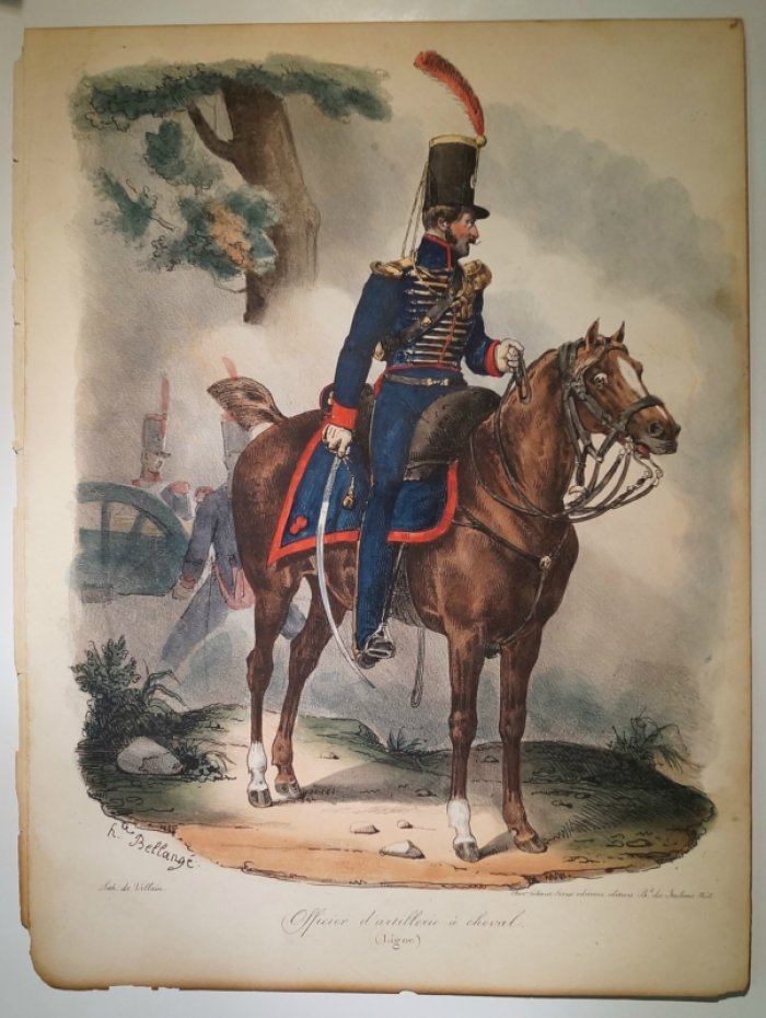 Жозеф-Луи-Ипполит Белланж. Артиллерийский офицер верхом (Officier d'artillerie a cheval). Литография с оригинальной раскраской акварелью, Париж, около 1850