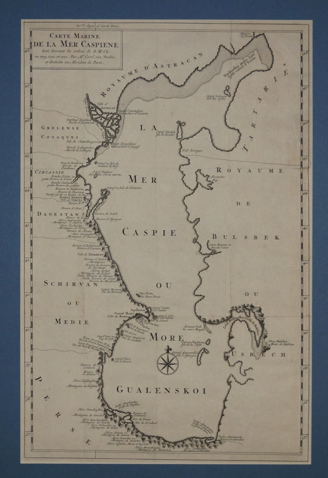 Морская карта Каспийского моря: западный берег по съемкам 1719–1721 гг. (гравюра Карела ван Вердена)