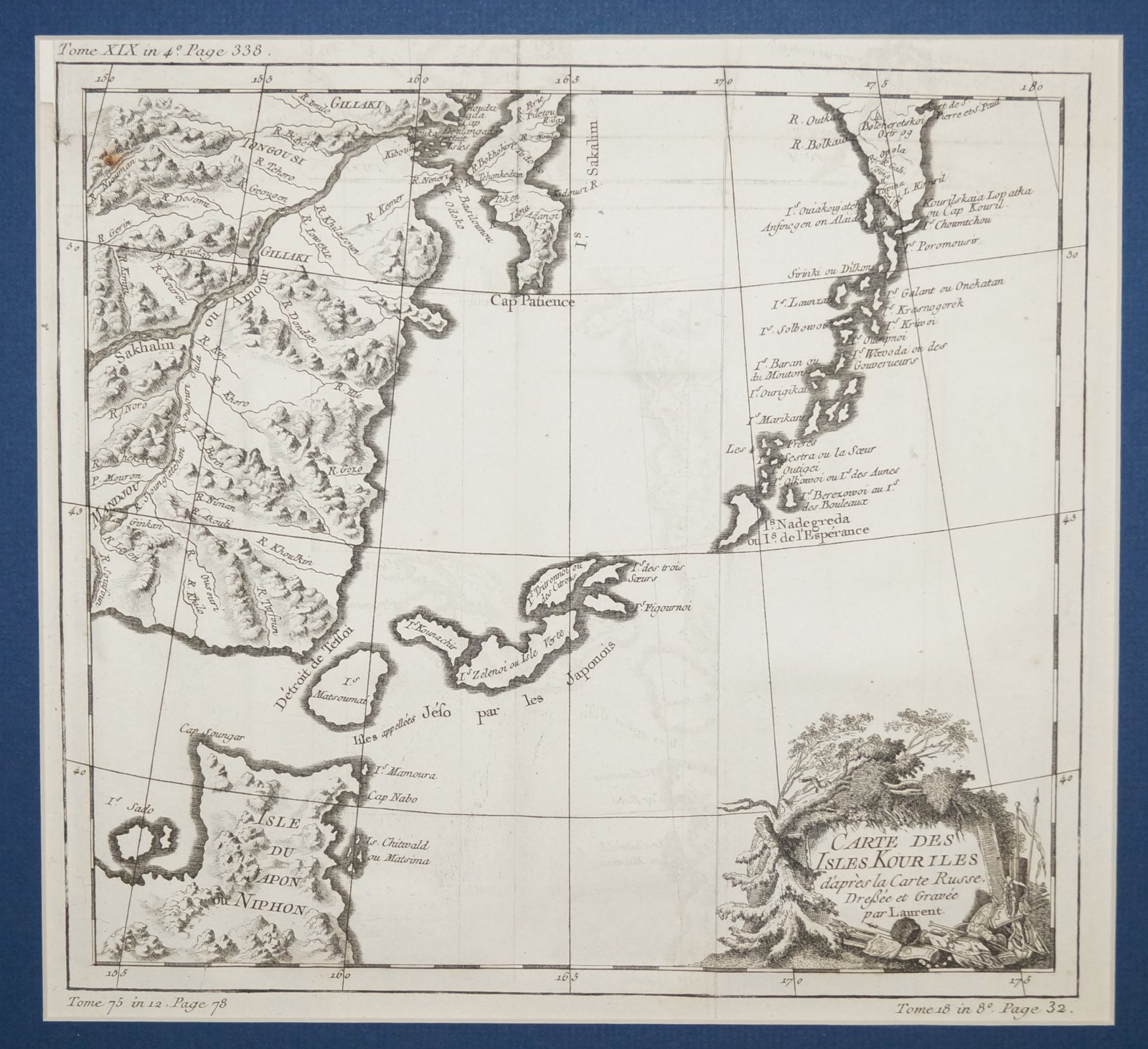 Карта Курильских островов — офорт по русской карте (Париж, J.-N. Беллин, 1750)