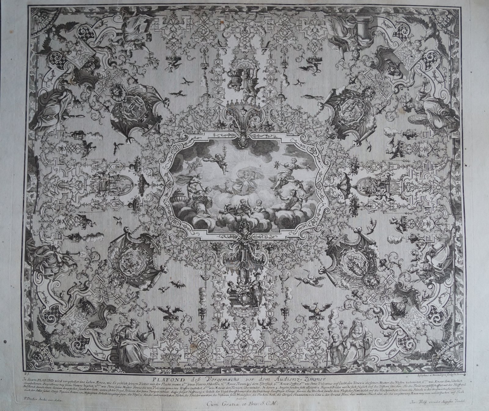 Плафон с богами Древнего Рима — офорт (по рисунку архитектора P. Decker), Германия, первая половина XVIII века