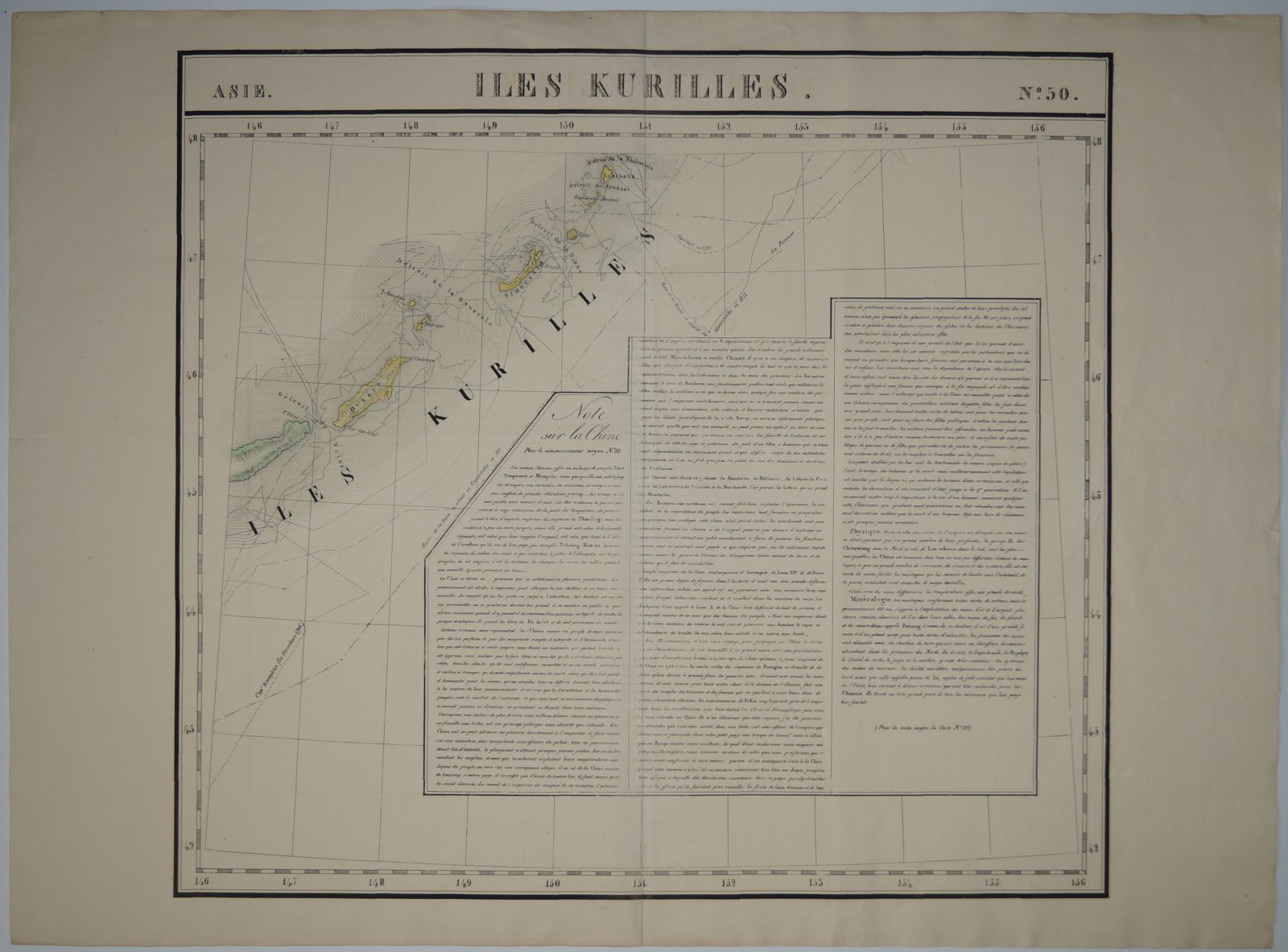 Курильские острова (Iles Kurilles). Литография с оригинальной акварельной подкраской из «Всеобщего атласа» Вандермайлена, 1827
