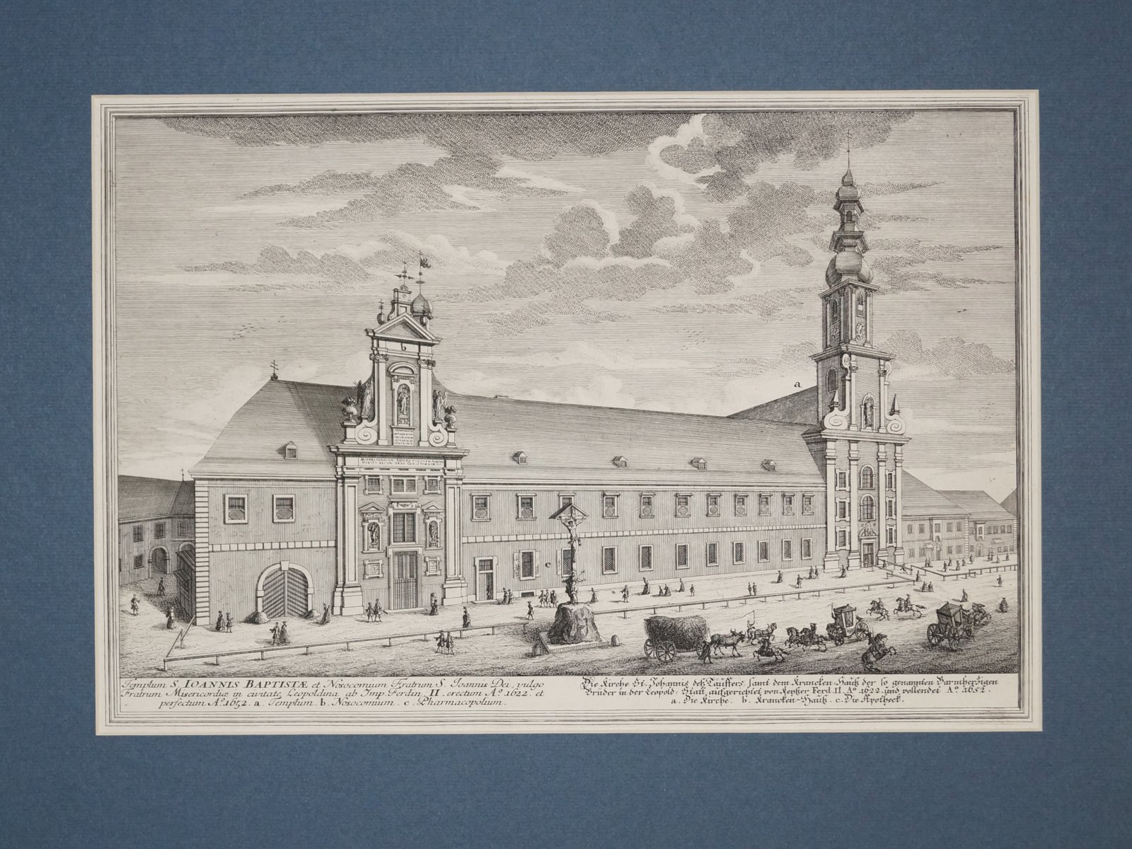 Гравюра на меди «Церковь и больница Иоанна Крестителя в Вене» (Leopoldina), по рисунку Sal. Kleiner, гравировал I.A. Corvinus, Аугсбург, Pfeffel, 1725