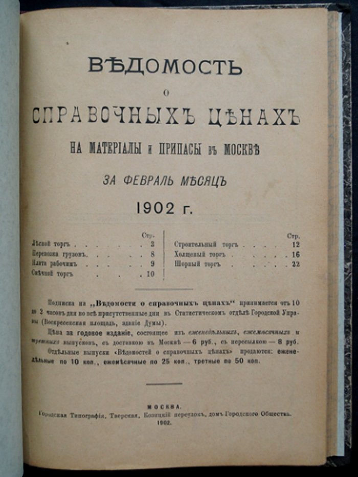 Ведомость справочных цен на материалы и припасы в Москве за февраль—декабрь 1902 года