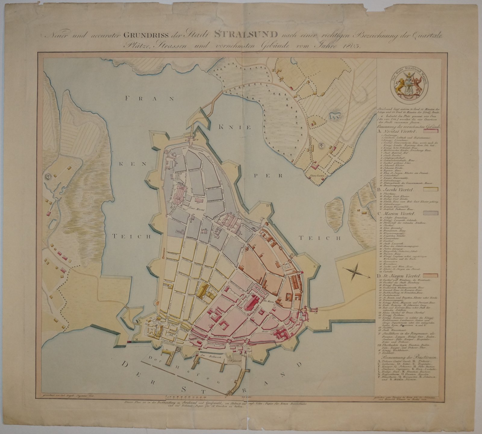 План города Штральзунда (Stralsund), 1803: районы, площади, улицы и знатные сооружения. Гравюра с акварельной подкраской