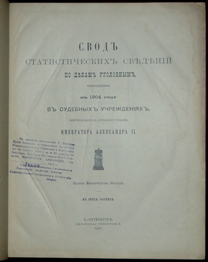 Судебно-статистический свод по уголовным делам за 1904 год (по материалам судов по уставам Александра II). Три части в одном переплёте