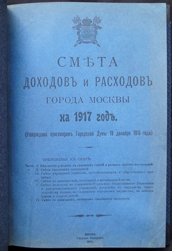 Смета доходов и расходов города Москвы на 1917 год (утверждена приговором Московской городской думы, 19 декабря 1916). Редкое имперское издание