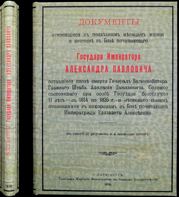 Документы о последних месяцах жизни и кончине Императора Александра I (воспоминания и материалы генерала А.Д. Соломко). Письма о похоронах Императрицы Елизаветы Алексеевны. Факсимиле, автографы, портреты. СПб., 1910