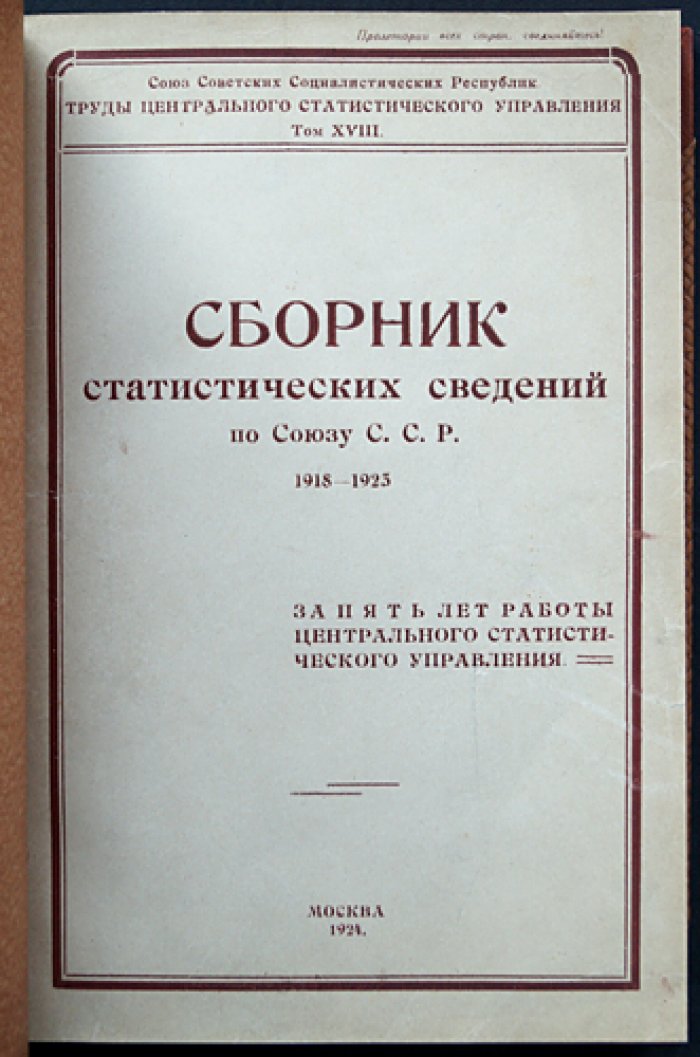 Сборник статистических сведений по Союзу ССР (1918–1923). Итоги работы Центрального статистического управления за пять лет