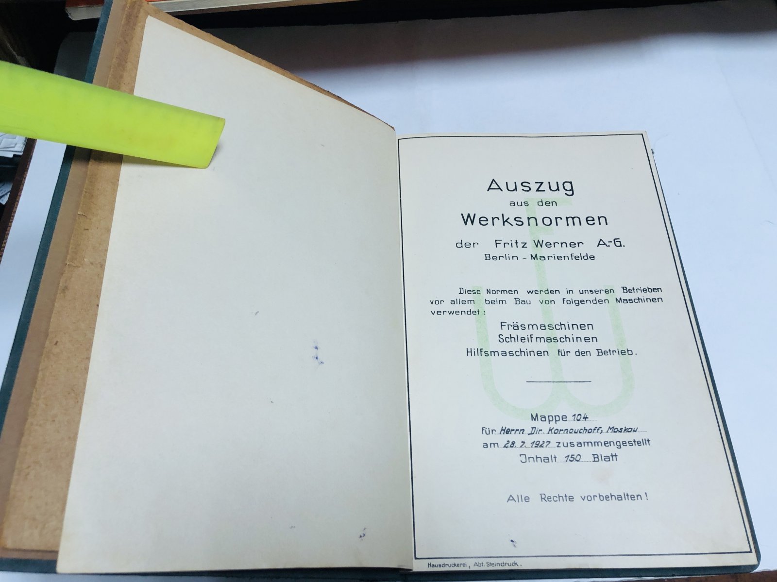 Auszug aus den Werksnormen der Frits Werner A.-G.