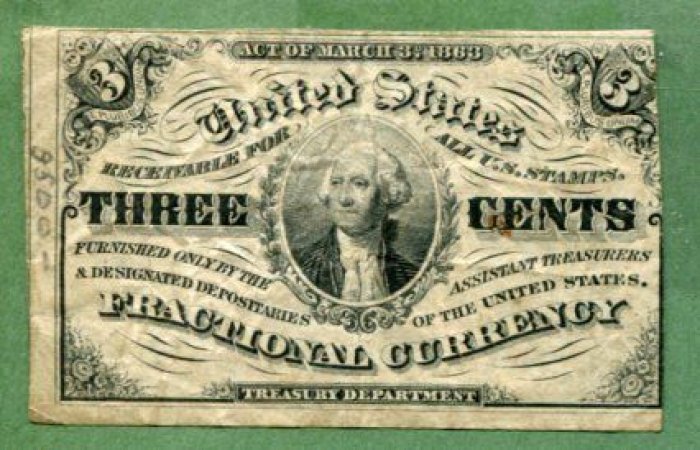 Бона США 1863 года: 3 цента (банкнота/денежный знак), 6,5 × 4 см