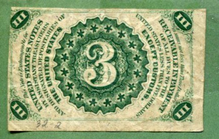 Бона США 1863 года: 3 цента (банкнота/денежный знак), 6,5 × 4 см