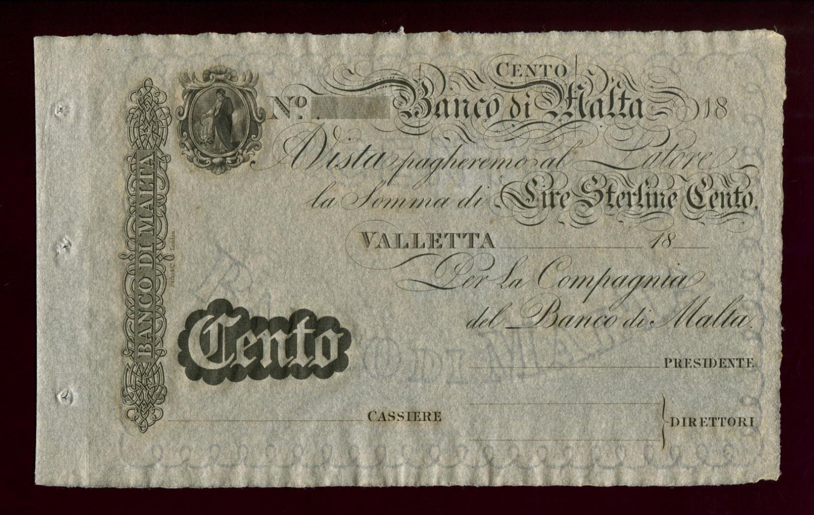 Бона Мальта — 100 лир (бланк), 1800-е гг., 12,6×21 см