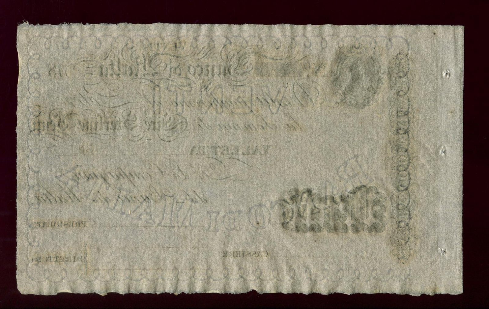 Бона Мальта «20 лир» (бланк), 1800-е гг., 12,5 × 20,8 см