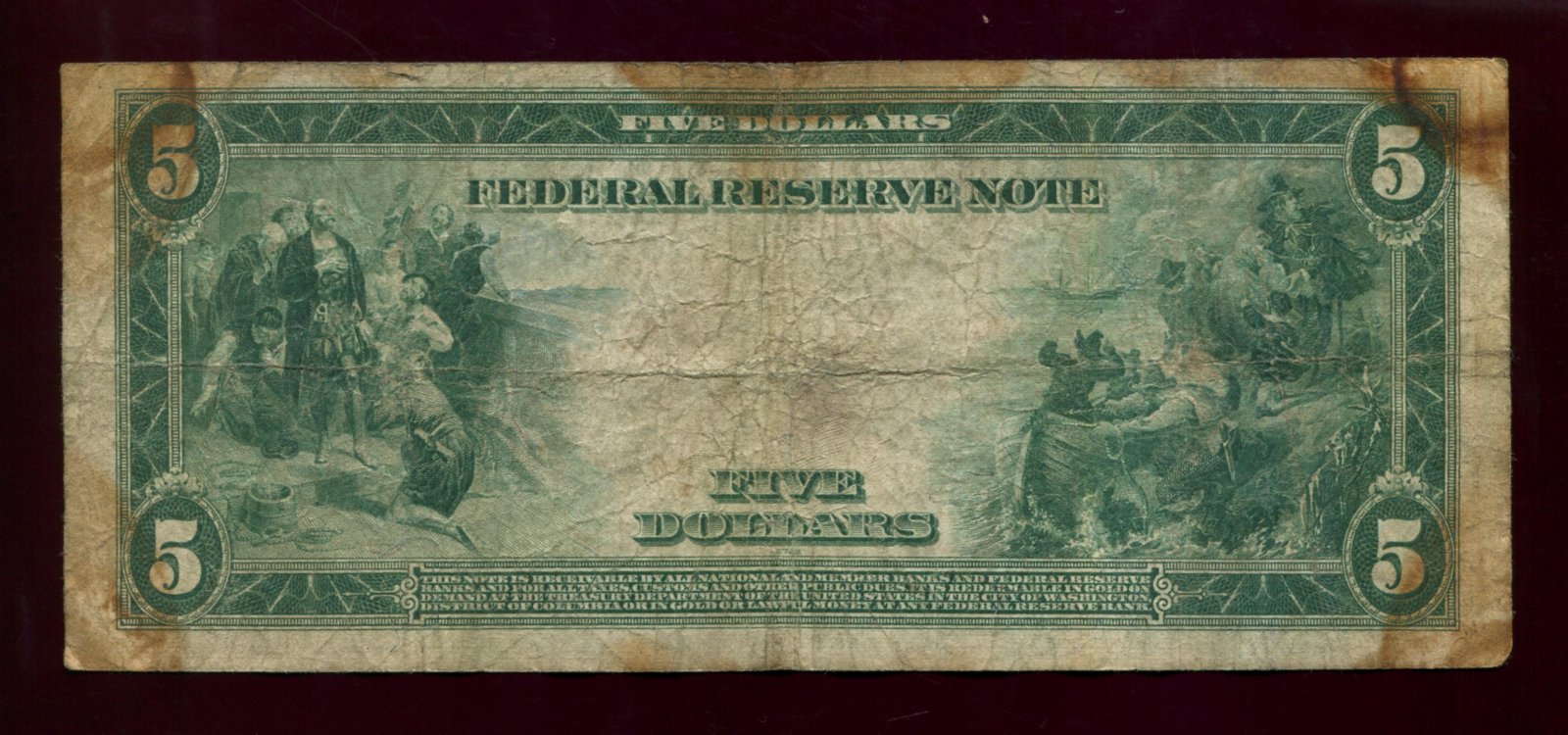 Бона США 5 долларов, 1914 г. (18,6 × 7,9 см)