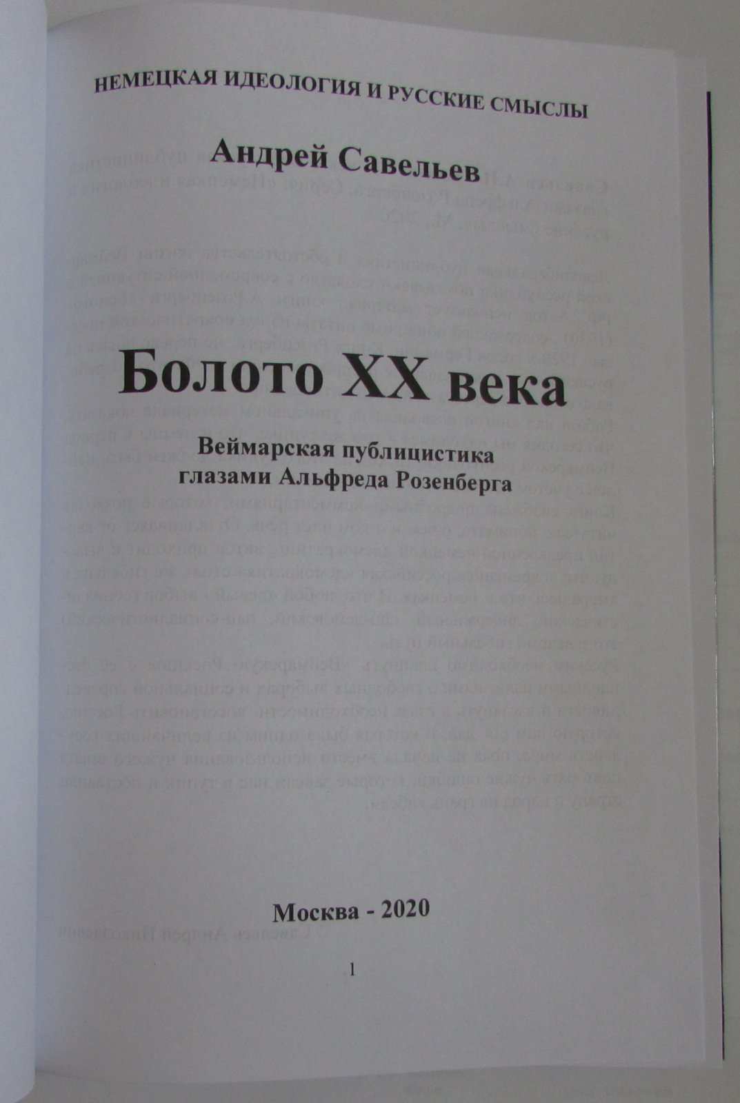 Савельев Андрей Николаевич. Болото ХХ века: Веймарская публицистика глазами Альфреда Розенберга.