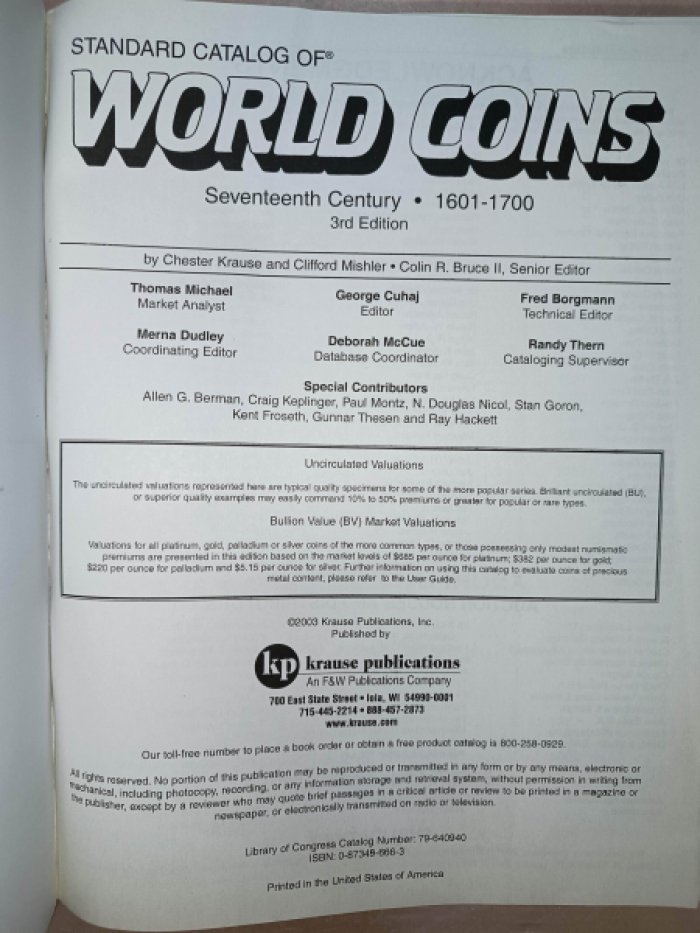 Standard Catalog of World Coins: 1601-1700.