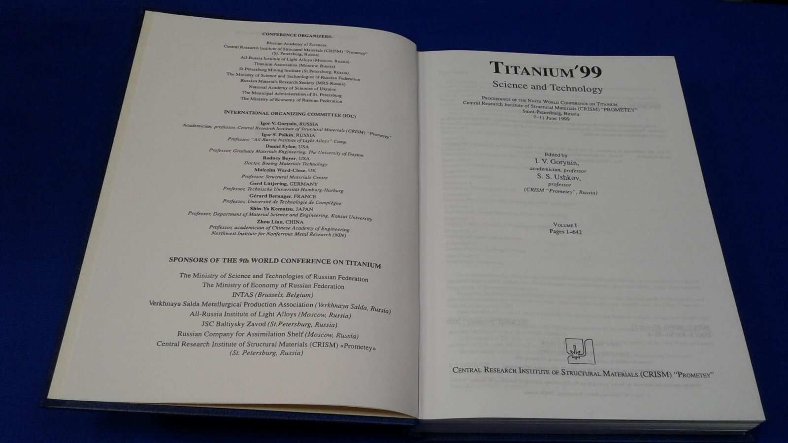 Gorynin I.V.,Ushkov S.S. Titanium 99. Science and Technology. Титан 99. Наука и техника. Том 1.