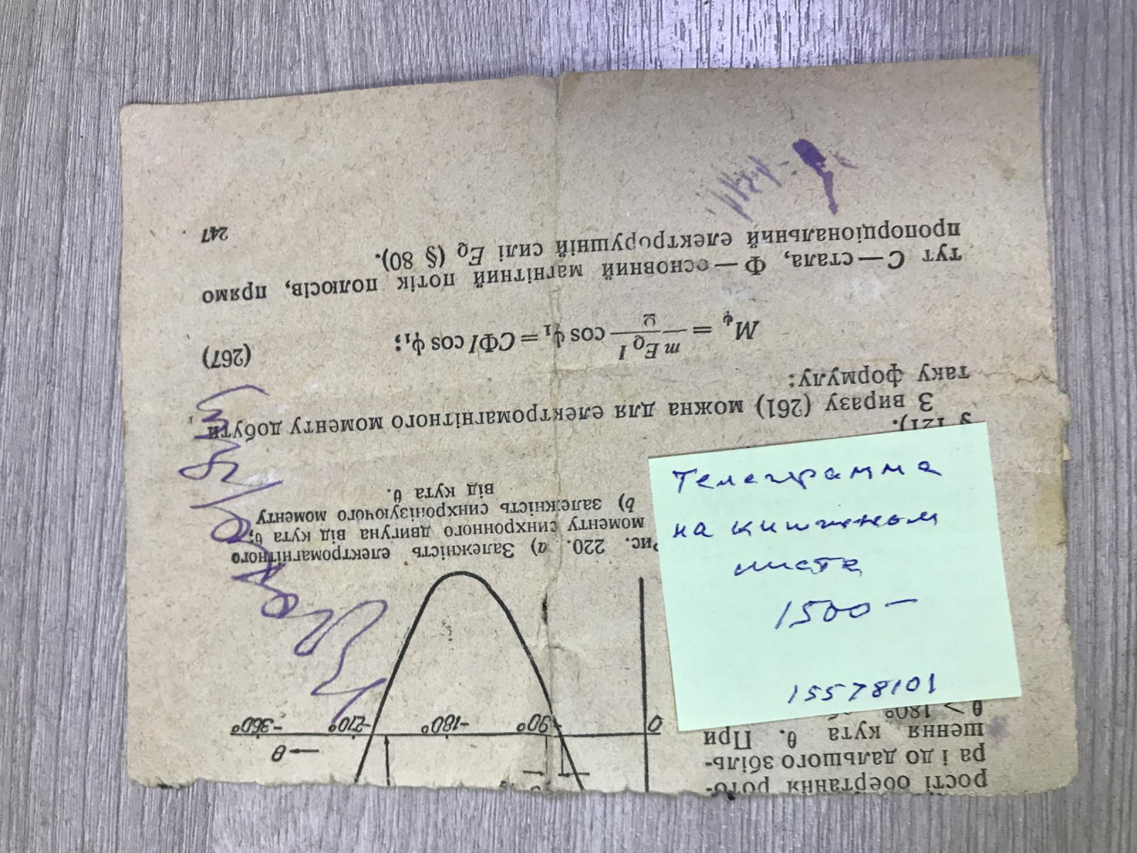 Телеграмма. Вместо бланка использован книжный лист.