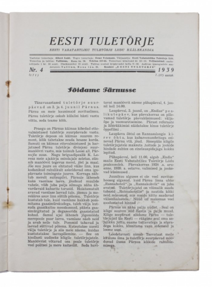 [Эстонская пожарная служба] Eesti Tulet?rje № 4 за 1939