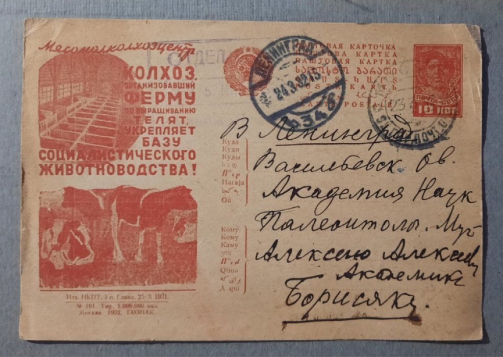Рекламно-агитационная почтовая карточка. Мясомолколхозцентр. Колхоз организовавший ферму по выпащиванию телят. Укрепляет базу социалистического животноводства.